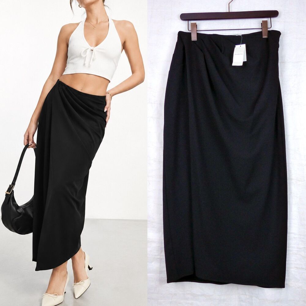 Abercrombie & Fitch Draped Front Maxi Skirt Womens M Black Faux Wrap Slit NWT